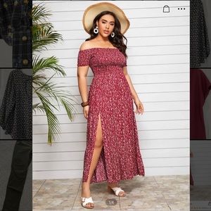 Plus Off Shoulder Shirred Split Floral Dress